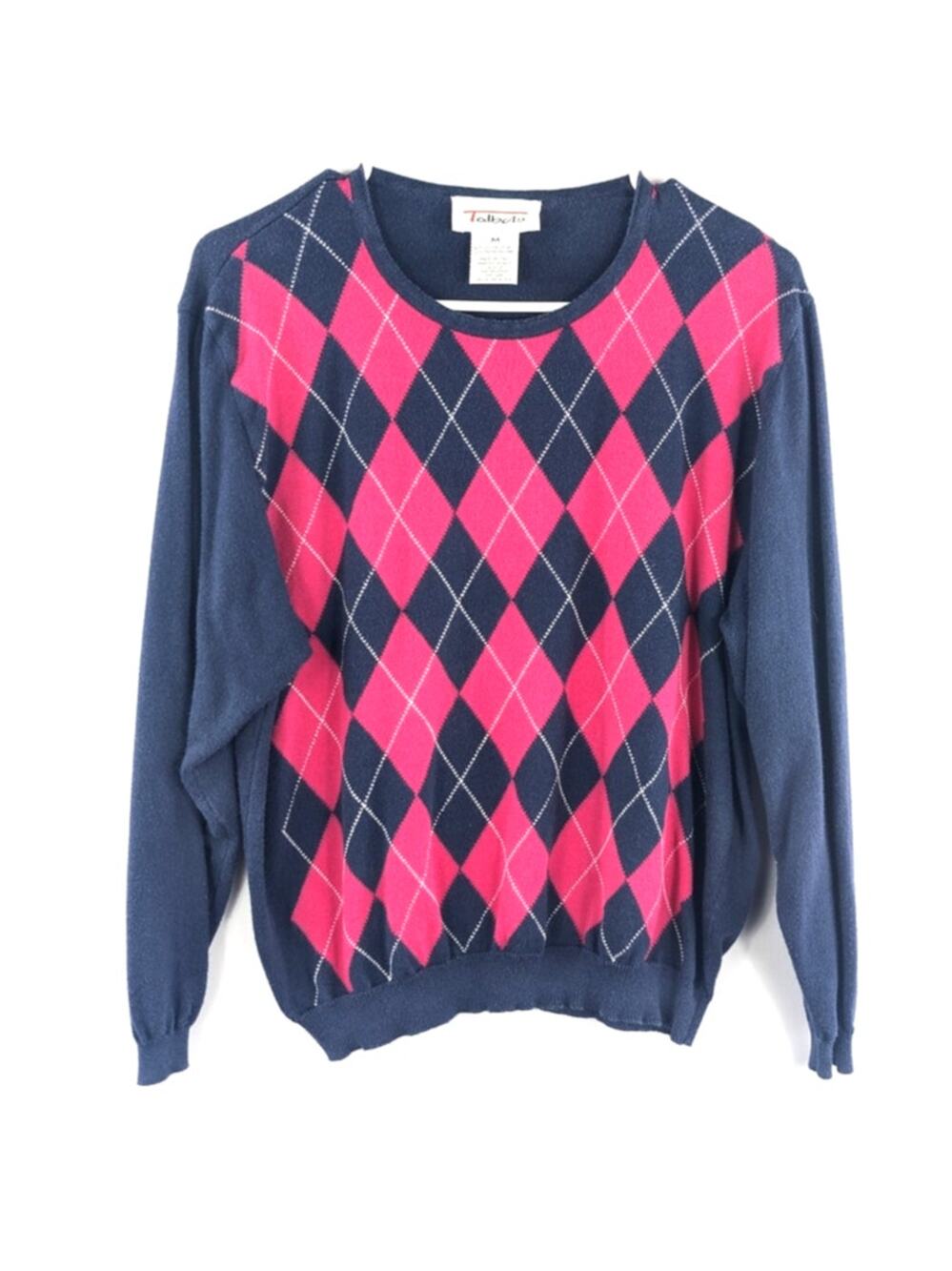 Vintage Talbots M Sweater Navy Pink Argyle Cotton Rayon Made in Italy Knitwear